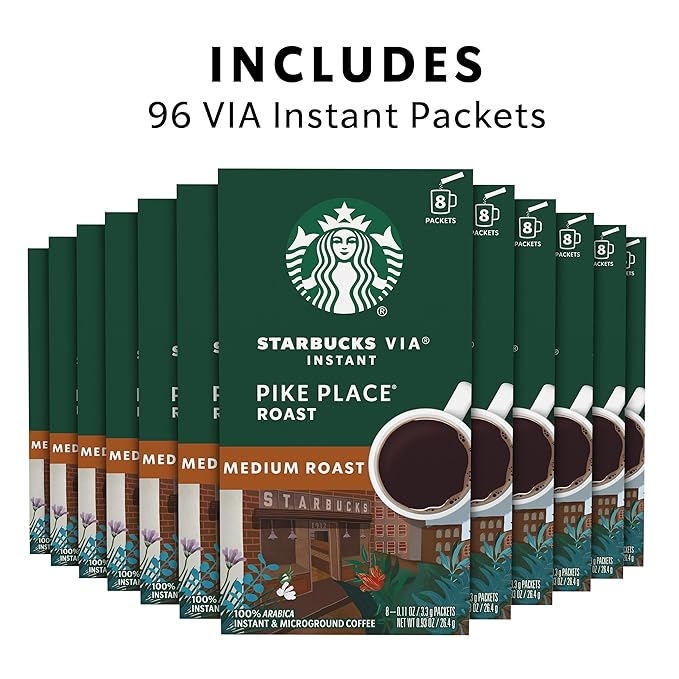 Starbucks VIA Instant Coffee, Medium Roast Coffee, Pike Place Roast, 100% Arabica, 12 boxes (96 packets total)