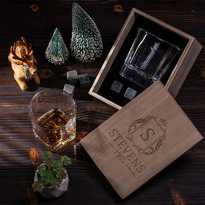 Personalized Whiskey Gifts - 11 oz Engraved Bourbon Glass Present - Custom Whiskey Glass in Wooden Box (Anniversary Design)
