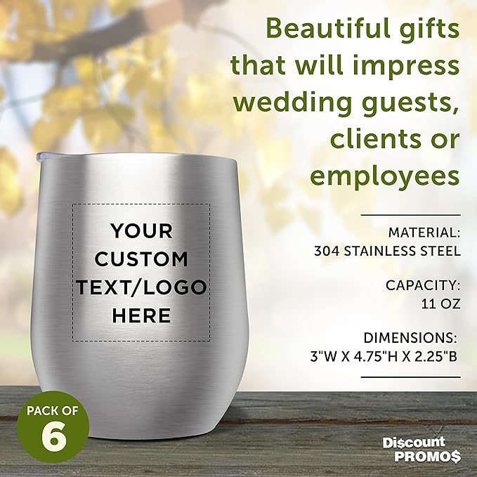 Custom Stemless Wine Glass Tumblers with Lids by Largo 11 oz. Set of 6, Personalized Bulk Pack - Perfect for Wine, Cocktails, Other Hot & Cold Beverages - Silver