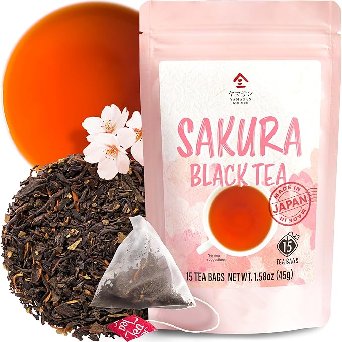 YAMASAN KYOTO UJI Sakura Japanese Loose Leaf Black Tea Bag 3g×15bags,Cherry Blossom Flavored Tea, Blended with cherry leaves