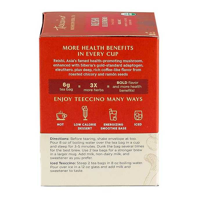 Teeccino Reishi Eleuthero Tea - French Roast - Organic Mushroom Adaptogenic Herbal Tea, 3x More Herbs than Regular Tea Bags, Caffeine Free, Chicory Prebiotic - 10 Tea Bags