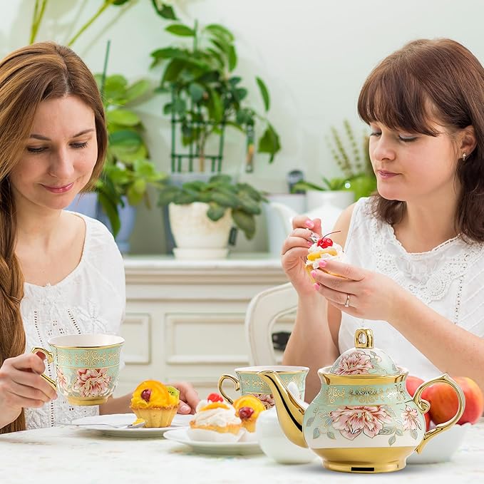 20 Pieces Porcelain Tea Set With Metal Holder, European Ceramic tea set for adults,Flower Tea Set,Tea Set For Women With Flower Painting（Light Green）