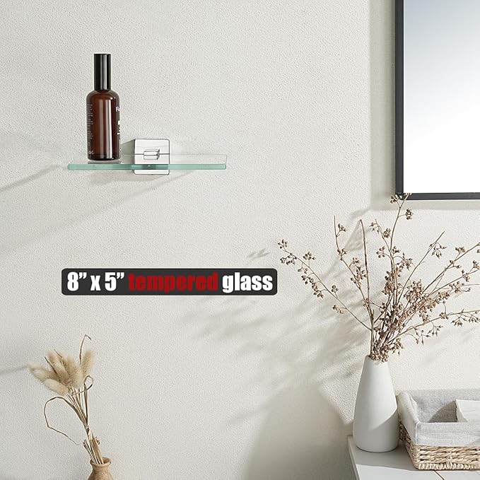 JQK Bathroom Glass Shelf Chrome, Tempered Glass Shower Storage 8 by 5 inches, 304 Stainless Steel Polished Chrome Wall Mount, TGS201L8-CH
