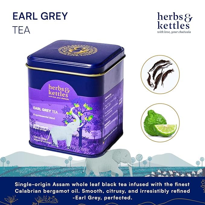 Herbs & Kettles Earl Grey Tea | Assam Black Tea Infused with Italian Bergamot Oil | Premium Loose Leaf Earl Grey with Smooth Citrus Aroma & Velvety Finish | Makes 12–14 Servings, 20-30 Cups | Gourmet Tea Gift