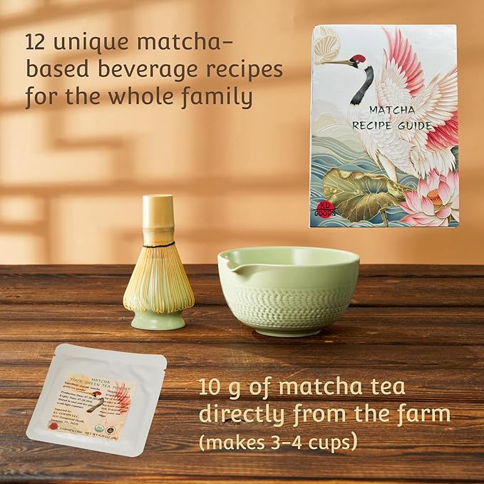 Matcha Whisk Set, Ceramic Bowl with Spout, Bamboo Whisk, Ceremonial Matcha Powder, Recipe Guide, Sifter, Holder, Scoop, Matcha Kit for Tea Lovers, Gift Box (Green)