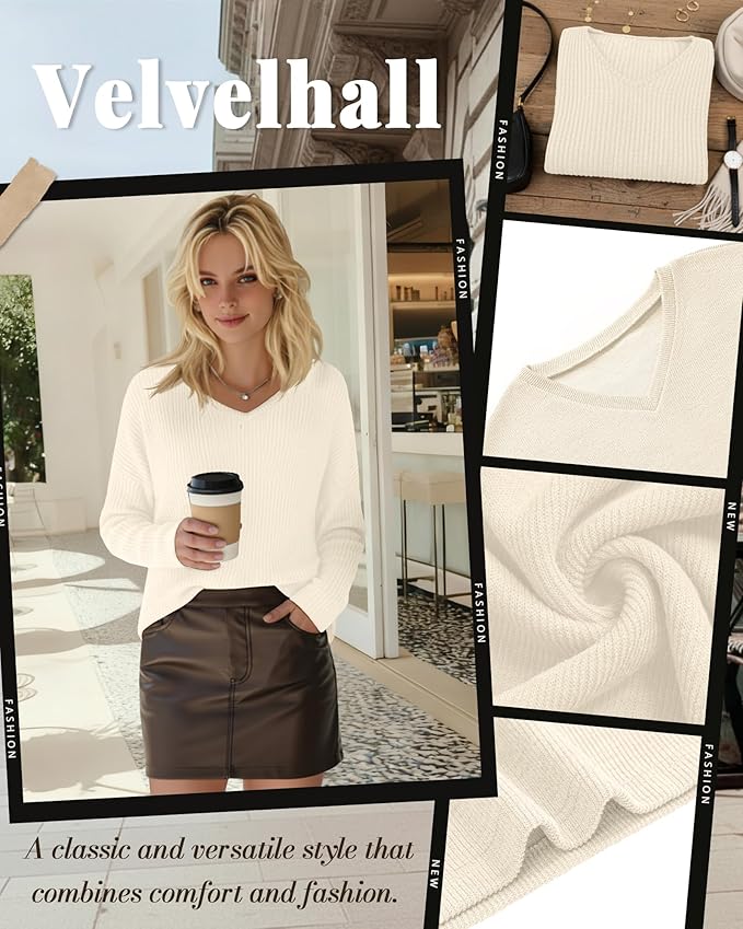 Women's V Neck Sweater Long Sleeve Knit Oversized Shirt Loose Lightweight Fall Casual Pullover Sweater Top