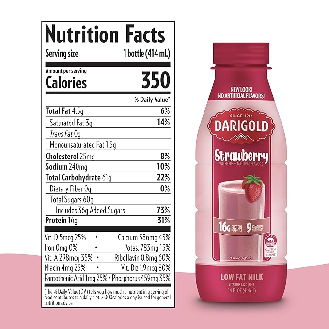 Darigold 1 Percent Milk, Reduced Fat Shelf Stable Milk with 9 Essential Nutrients, 16g Protein, rsBT Free - 14oz, 12 Pack (Strawberry)
