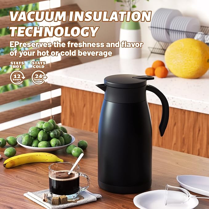 34 Oz Thermal Carafe, Insulated Stainless Steel Coffee Carafes for Keeping Hot Coffee & Tea for 12 hrs and Cold for 24 hrs, 1L/Black