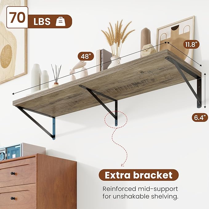 Deep Wall Shelves 48"W x 12"D Engineered Wood Floating Shelves for Wall, Sturdy Metal Bracket Bookshelves Home Decor Storage for Living Room Bedroom Bathroom Kitchen, Set of 2, Grey Finish