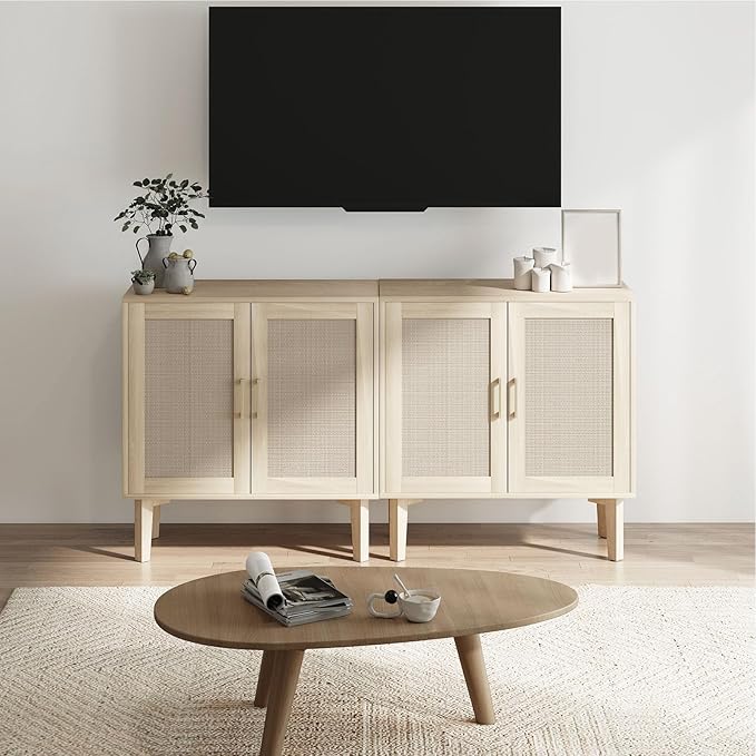 Bigroof Rattan Cabinet, Modern Accent Buffet Cabinet with Magnetic Doors, Sideboard Buffet for Hallway, Entryway, Living Room, or Kitchen (Oak)
