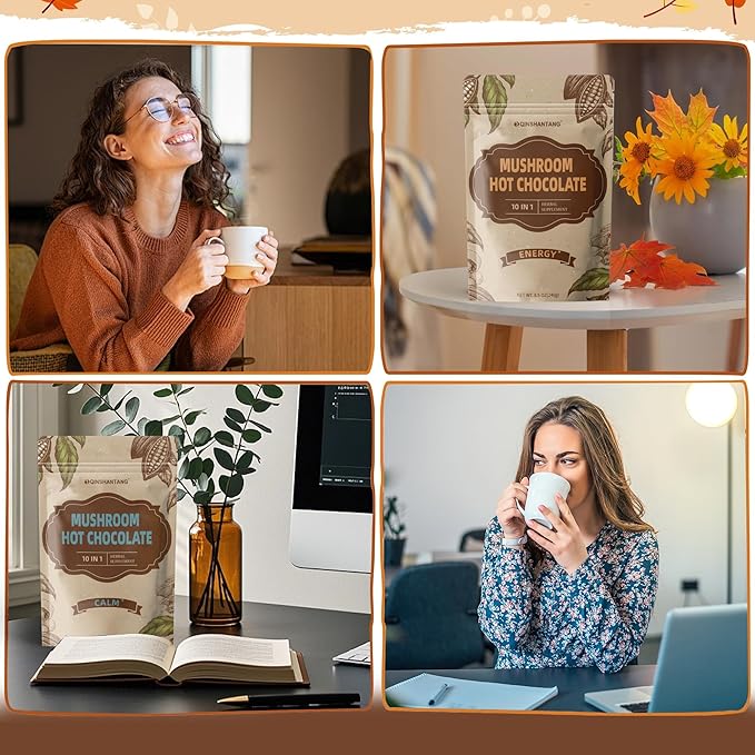 Mushroom Hot Chocolate Mix, Cacao Powder, 10 Mushrooms | Lion's Mane, Reishi, Chaga, L-Theanine | Coffee Alternative for Calm Sleep, Mood Enhancement, Sugar Free, 8.5 Oz