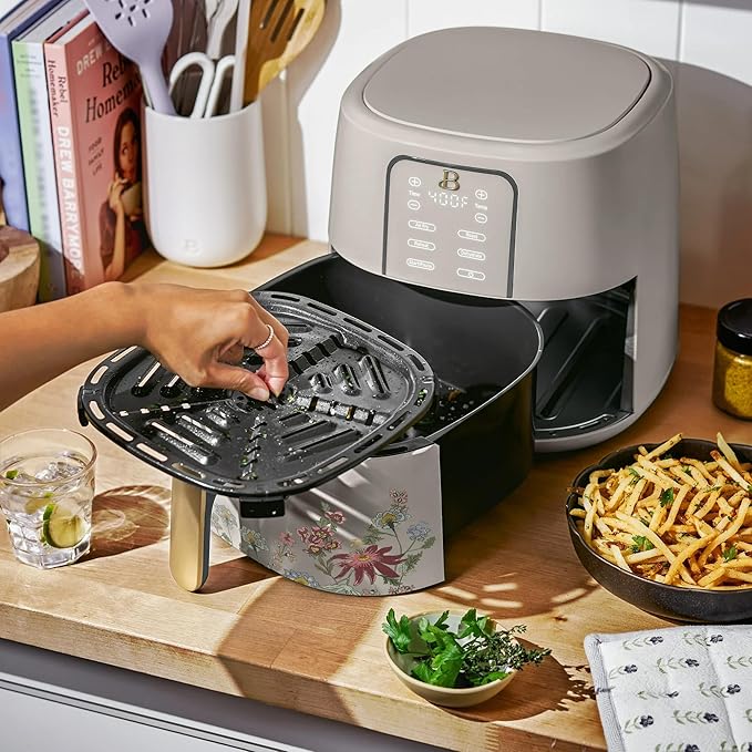 Beautiful 6 Qt Air Fryer with TurboCrisp Technology, AllGood Ceramic Nonstick Coating - Roast, Reheat and dehydrator, kitchen appliances by Drew Barrymore (Wildflower Porcini Taupe)