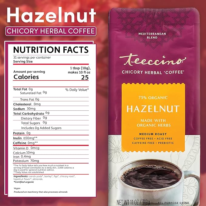 Teeccino Chicory Coffee Alternative - Hazelnut - 11 Ounce - Ground Herbal Coffee That’s Prebiotic, Caffeine Free & Acid Free, Medium Roast