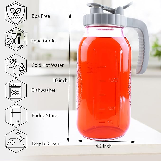 64 Oz Mason Jar Pitcher With Lid 2 Set Wide Mouth Half Gallon Glass Pitchers 2 Quart Cold Boiling Water Jug For Coffee,Lemonade, Iced Tea,Homemade Drinks,Milk,Juice Storage Container For Refrigerator
