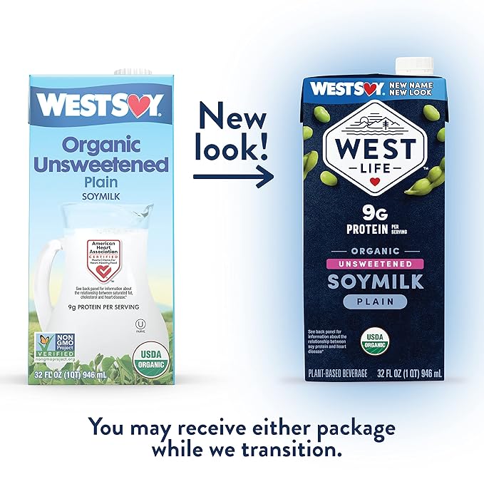 West Life Organic Soy Milk, Unsweetened Plain, Low Sugar, 9g of Protein, Vegan Dairy Alternative, Lactose-Free, Shelf Stable, 32oz (Pack of 12)
