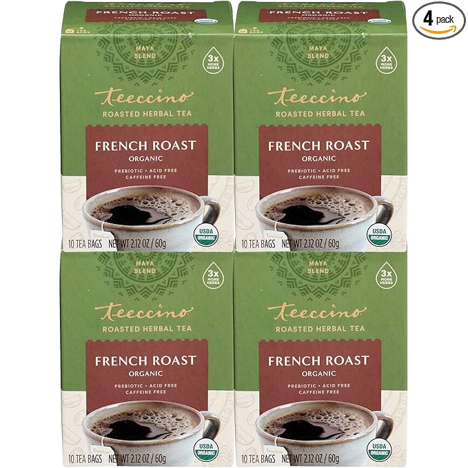 Teeccino French Roast Herbal Tea - Rich & Roasted Herbal Tea That’s Caffeine Free & Prebiotic for Natural Energy, Coffee Alternative, 10 Tea Bags (Pack of 4)