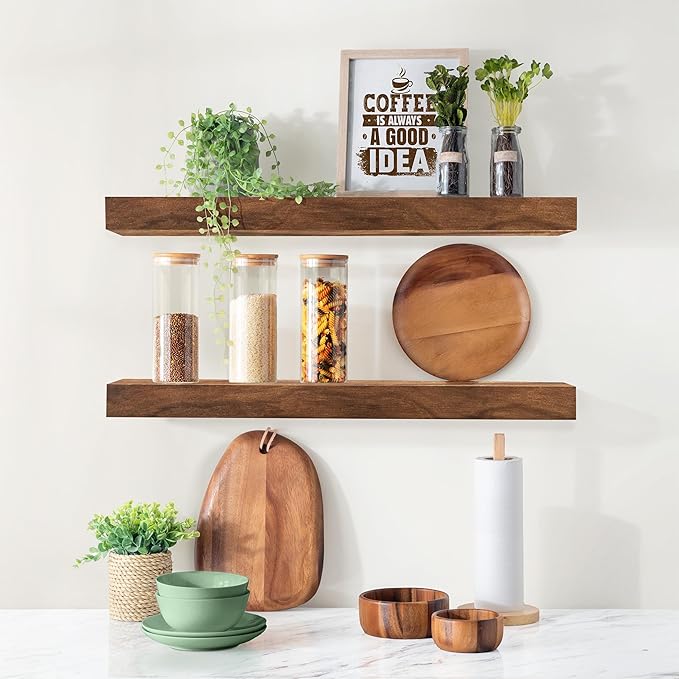 Sorbus 24' Walnut Wood Floating Shelves - Set of 2, Solid Pine, Wall Mounted, Rustic Style, Bathroom & Living Room