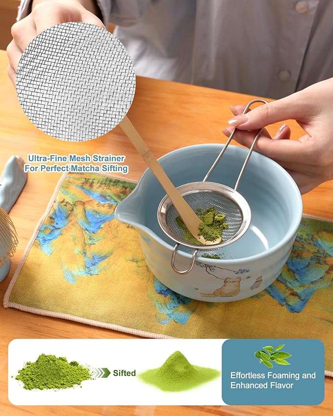 Matcha Whisk Set, Japanese Matcha Kit Set 7-Pcs with Matcha Bowl (Chawan), Matcha Whisk and Holder, Bamboo Scoop, Scoop Rest, Sifter and Tea Towel - Authentic Tea Ceremony Tools for Tea Lovers(Blue)