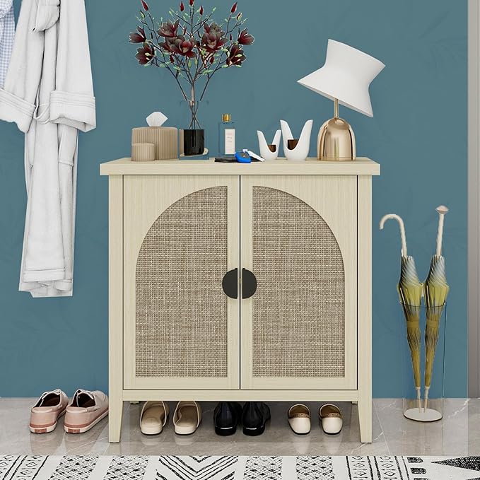 Rattan Door Sideboard Buffet Cabinet, Modern 2-Door Coffee Bar with Adjustable Shelf, Small Wood Credenza Cabinet with Storage for Living Room, Dining Room, Entryway, Natural