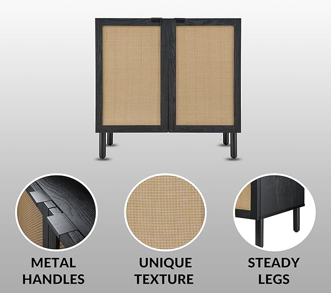 SANGO Orre 2-Door Cabinet, Modern Black Storage Cabinet with Synthetic Rattan Door Panels, Adjustable Shelf, Cylindrical Wood Legs, Discreet Finger Pulls, Elegant Furniture for Living or Dining Room