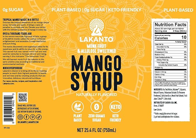 Lakanto Simple Flavoring Syrup - Monk Fruit Sweetener with Allulose, Perfect for Coffee, Tea, Cocktails, Snow Cones, Sodas, Other Drinks, Keto, Vegan (Mango - 25.4 fl oz)