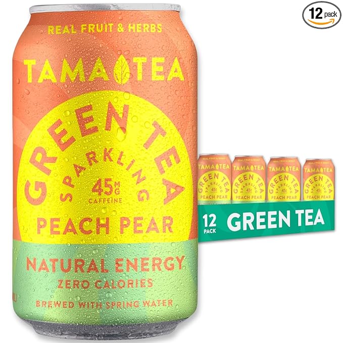 Tama Tea Sugar-Free Sparkling Green Tea, Peach Pear – Organic & Naturally Energizing – Zero Calories, Zero Carbs, Non-GMO – Antioxidant-Rich with 45mg Natural Caffeine – 12 oz Cans (12-Pack)