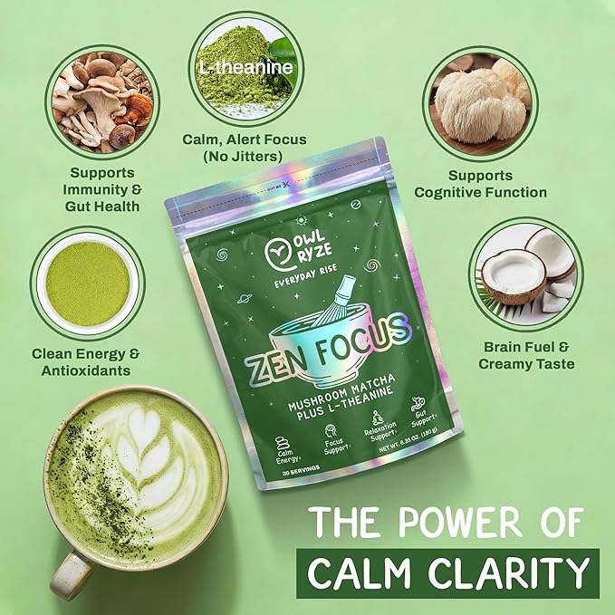 OwlRyze Mushroom Matcha Instant Zen Focus - Ceremonial Grade Matcha Power with 6 Functional Mushrooms, Lion's Mane, Cordyceps & L-Theanine for Calm Focus Energy, Immune Support - 100% Vegan, 30 Servings