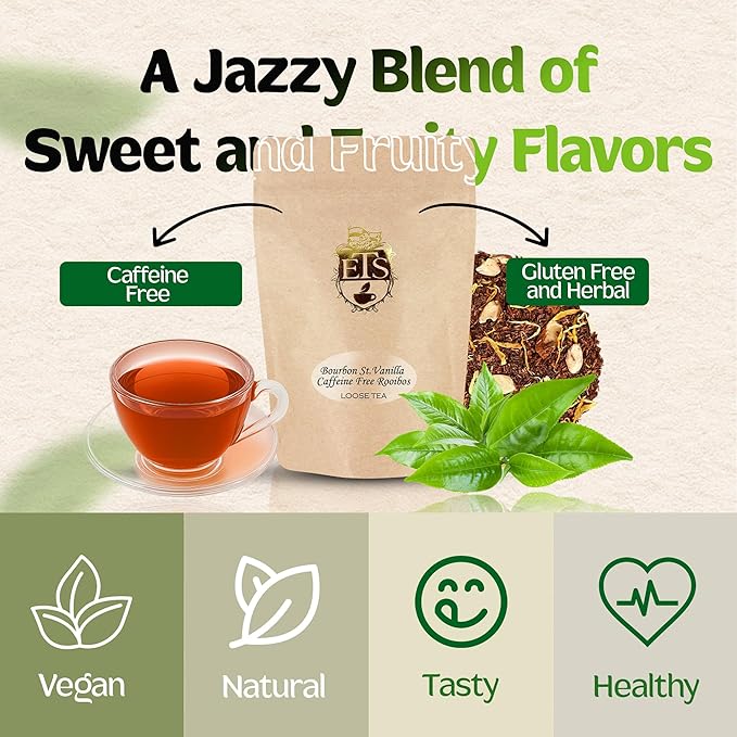 English Tea Store Bourbon St Vanilla Rooibos Caffeine Free Loose Leaf Tea Pouches - 16oz | Smooth South African Rooibos with Sweet Vanilla & Cinnamon Spice | Enjoy Hot Iced or as Rooibos Latte
