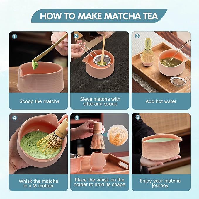 Matcha Whisk Set, Matcha Bowl, Matcha Whisk,Chasen Holder, Sieve, 2 Spoons, 6-Piece Set of Matcha Making Tools for Matcha Lovers and Traditional Tea Art Gift Box(Pink)