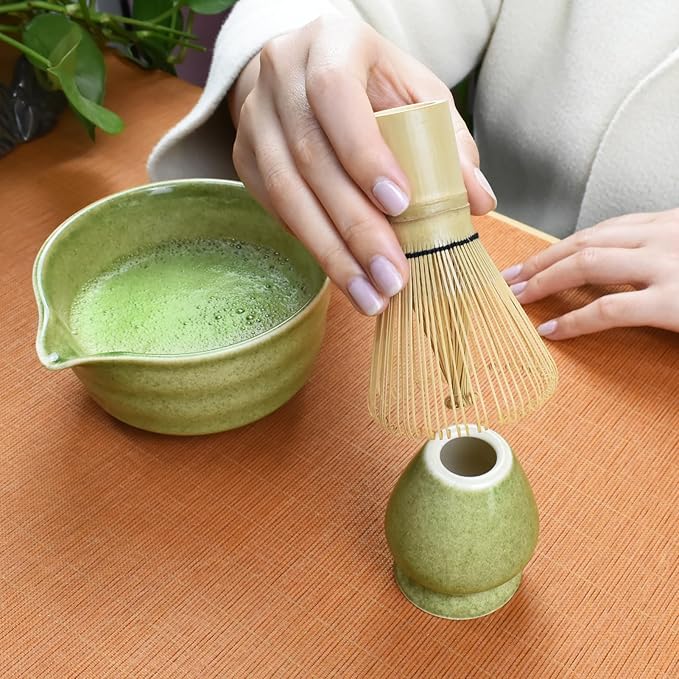 Artcome 7-Piece Matcha Tea Set - Complete Japanese Ceremony Kit with Bowl, Whisk, Scoop, Strainer & Guide, Mottled Green