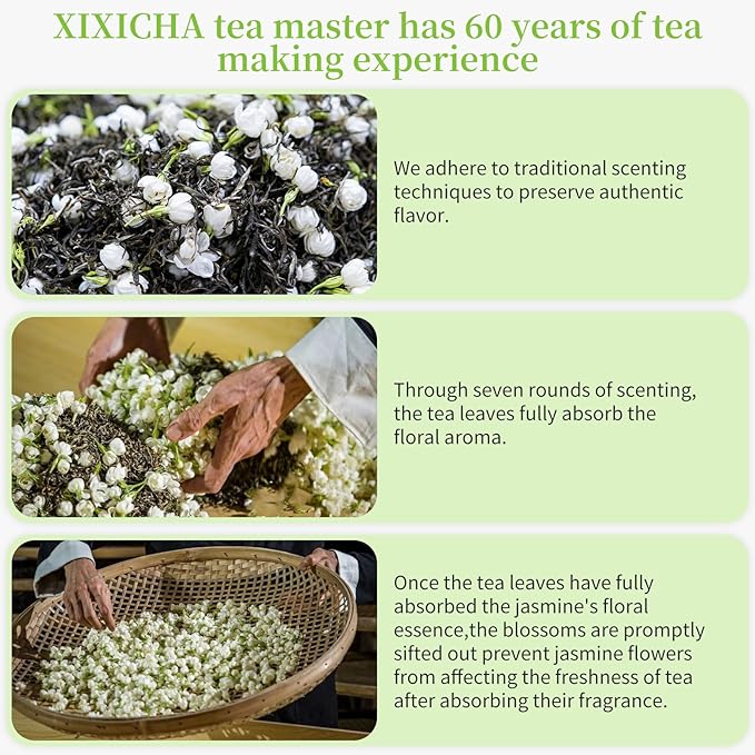 XIXICHA Jasmine Tea New Chinese Jasmine Green Tea Loose Leaf Chinese Tea Natural Aroma Seven Times Scenting 150g/5.3oz 茉莉花茶 茶叶 绿茶