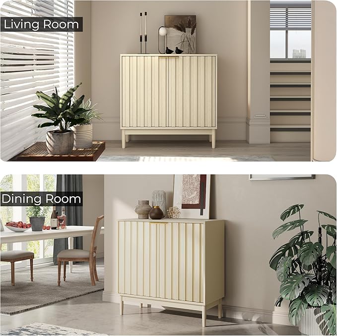 Fluted Cabinet with Storage, Buffet Cabinet Sideborad with 2 Doors, Beige Buffet Storage Accent Cabinets with Adjustable Shelves for Living Room, Entry, Hallway, Kitchen