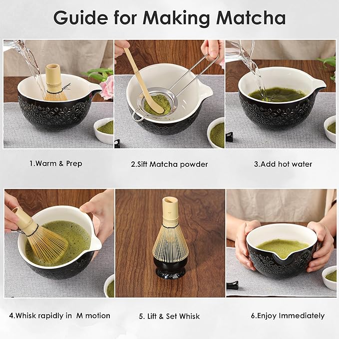 Matcha Whisk Set Matcha Kit - 7 Pcs Japanese Tea Set Includes Matcha Bowl with Spout,Bamboo Whisk with Ceramic Holder,Bamboo Scoop and Rest,Sifter,Tea Towel, for Ceremony Matcha Lovers Gift,Black