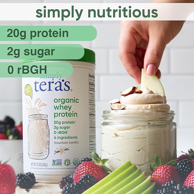 simply tera's Organic Whey Protein Powder - Grass Fed Vanilla Whey Protein Powder, Clean, Made Without Artificial Sweeteners, Non-GMO, Kosher, rBGH-Free, Organic - 12 Oz.