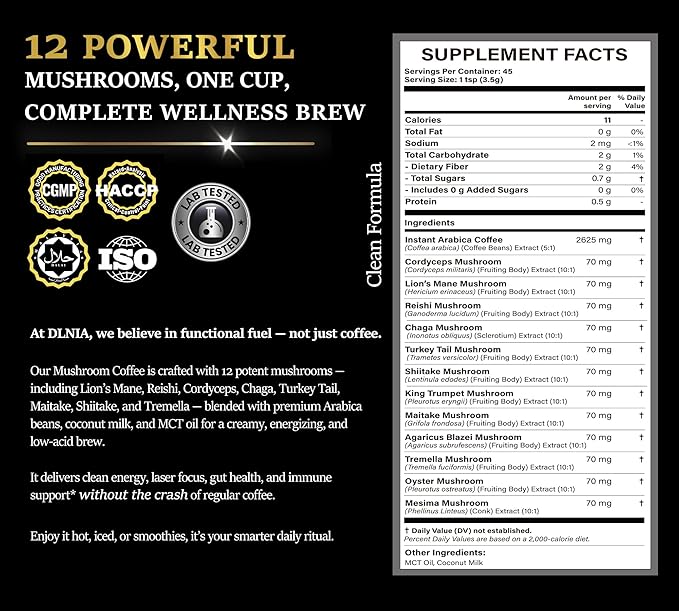 DLNIA Instant Organic Mushroom Coffee with 12 Adaptogenic Mushrooms, Arabica Beans, Coconut Milk & MCT Oil | Cordyceps, Lion’s Mane & Turkey Tail Instant Coffee for Better Energy, Focus, Digestion, Immunity