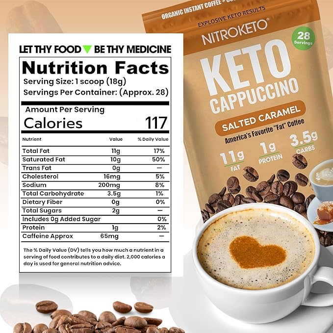 Keto Cappuccino - Salted Caramel - Keto Instant Coffee Mix with MCT Oil - Low Carb/High Fat, Organic Coffee Supports Ketosis - Energy Coffee - No Sugar - Made in USA – 28 Servings