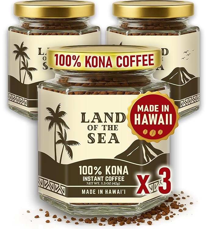 KONA COFFEE 100% - Premium Freeze Dried Instant Coffee - Low Acid Coffee - Medium Roast Arabica Hawaiian Coffee, 1.5oz (3 Packs | 66 Servings)