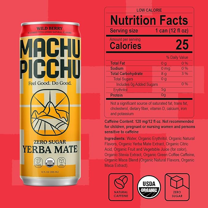 MACHU PICCHU ENERGY, Non-Carbonated Zero Sugar Yerba Mate, Clean Energy Drink Alternative, 12oz (Pack of 12) – 120mg Organic Green Coffee Bean Caffeine, Low Calorie, USDA Organic, No Artificial Flavors (Wild Berry)