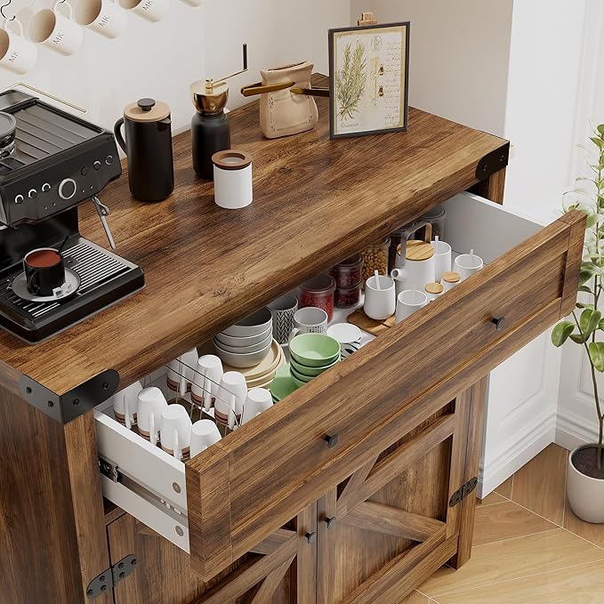 YESHOMY Coffee Bar and Accent Cabinet, Farmhouse Barn Door Buffet Sideboard with Drawer and Adjustable Shelf, Wide Desktop for Kitchen, Dining Room, Bathroom, Entryway, Brown＆Rustic