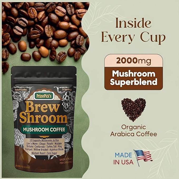 PrimePick's Brewshroom 10 in 1 Mushroom Coffee with 2000mg Adaptogenic Mushrooms, Instant, Arabica Medium Roast, Gluten-Free, Jitter-Free, No Added Sugar, Supports Gut Health & Immunity - 5 oz
