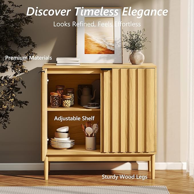 Fluted Cabinet with Storage, Buffet Cabinet Sideborad with 2 Doors, Natural Buffet Storage Accent Cabinets with Adjustable Shelves for Living Room, Entry, Hallway, Kitchen