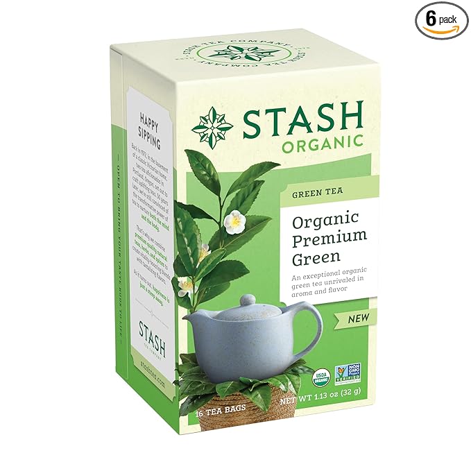 Stash Tea Organic Premium Green Tea, Caffeinated, Non-GMO Project Verified, Serve Hot or Iced, 96 Tea Bags, 16 count (6 pack)