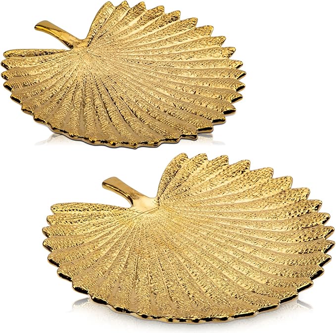 Gold Leaf Decorative Serving Tray for Table Centerpiece 10"+12" Ceramic Leaf-Shaped Trinket Dish, Candle Tray, Vanity Organizer, Coffee Table Decor, Modern Glam Home Decor, Gifts for Women