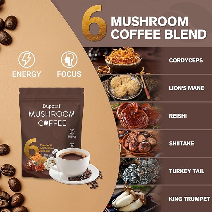 Mushroom Coffee, Instant Mushroom Coffee with 6 Mushrooms Lion’s Mane, Cordyceps, Turkey Tail & Other for Energy, Focus, Digestion, Immunity, 30 Servings (1 Pack)