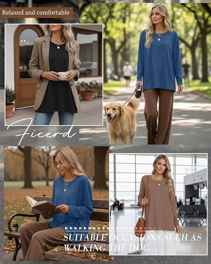 Ficerd 3 Pack Women's Oversized Long Sleeve Shirts Cotton Gym Round Neck Tops Loose Fit Casual Workout Baggy Fall Basic Tee