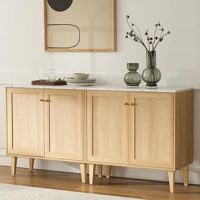 Modern Storage Cabinet Freestanding Accent Cabinet Sideboard Buffet with Faux Marble Top & Adjustable Shelves Wooden Organizer for Dining Room, Living Room Entryway Natural Oak