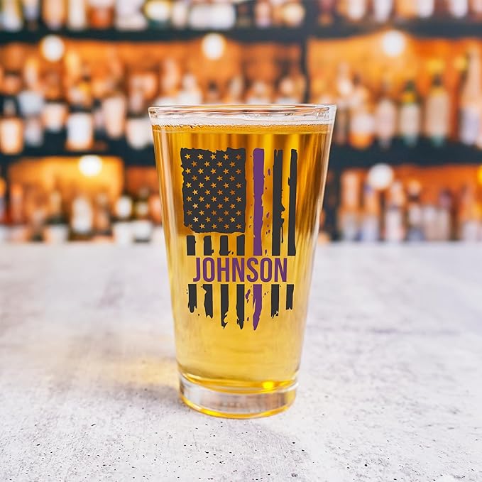 Blue Ridge Mountain Gifts - Thin Purple Line Pint Glass - Personalized Security Professional Glass, Security Officer Appreciation, Purple Line Merch, Custom Barware, The Thin American Flag