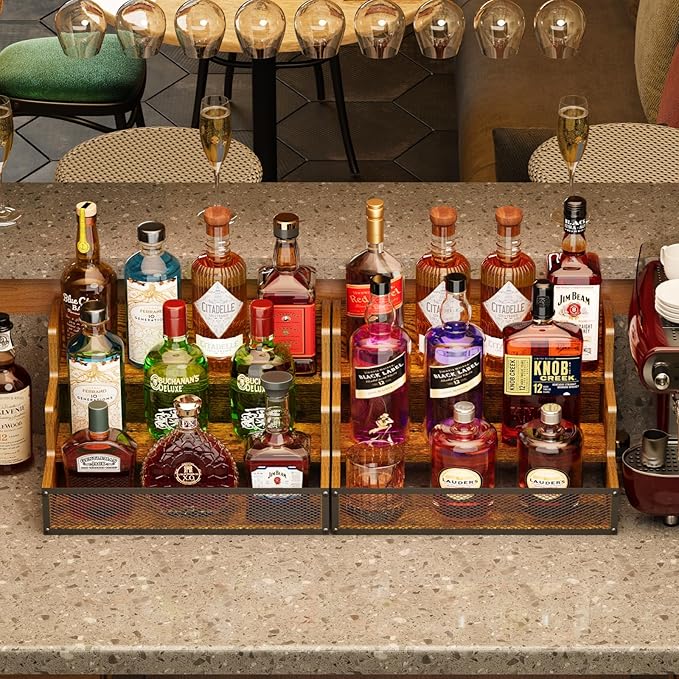 3 Step Countertop Liquor Bottle Display Shelf, Wood Bar Shelves 12 Bottles with Fences, Freestanding Storage Shelves for Liquor Whiskey Wine Coffee Syrup Display, Retro Wine Rack Home (Patent Pending)