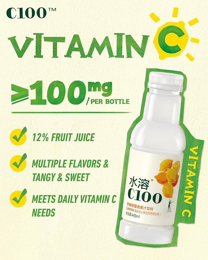 C100 Lemon Flavored Composite Juice Drink，100mg Vitamin C Per Bottle, 12% Real Fruit Juice, -15 fl oz, 445mL, 15 Pack