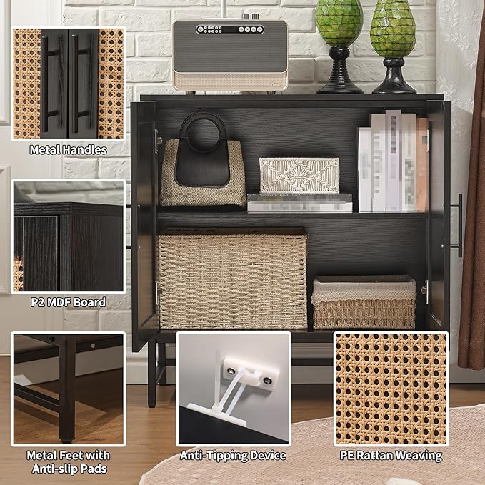 Storage Cabinet with PE Rattan Door, Sideboard Buffet Kitchen Cabinet, Modern Stylish Accent Furniture for Dining Room, Bedroom, Hallway, Living Room, Coffee Bar, Corner, Black